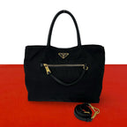 Prada Triangle Logo Nylon Leather 2-Way Mini Tote Shoulder Bag Black