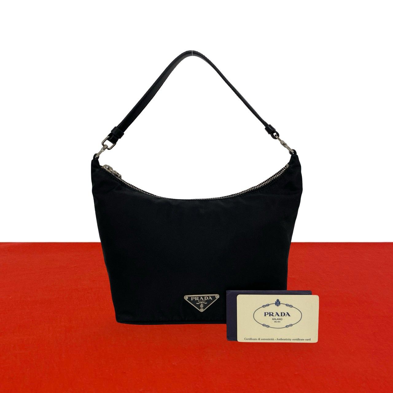 Prada Triangle Logo Nylon Leather Mini Tote Shoulder Bag Black