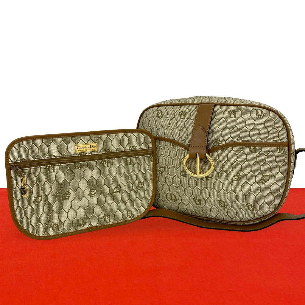 Dior Honeycomb Pattern Leather Mini Shoulder Bag Crossbody Pochette Beige