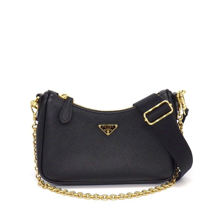 Prada Shoulder Bag Mini Chain Bag Black Saffiano Luc Gold