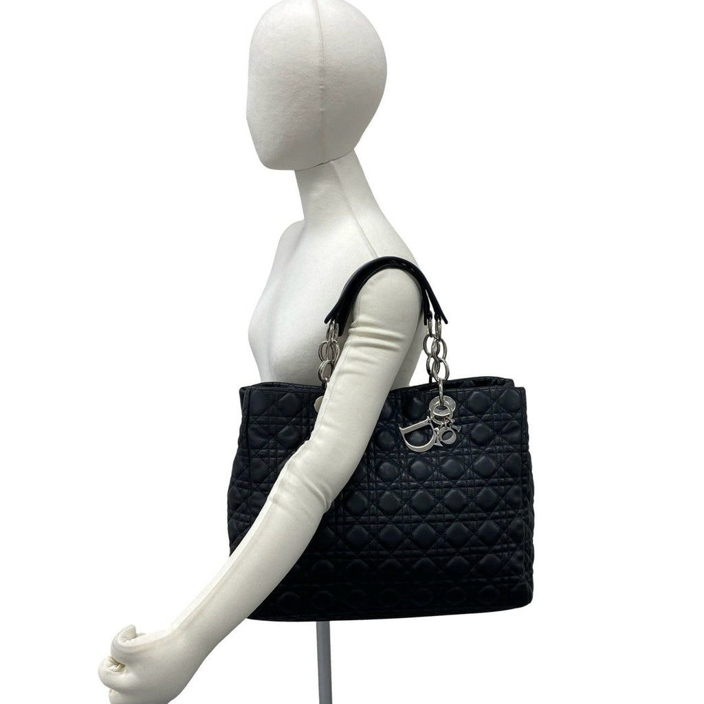 Dior Cannage Logo Charm Leather Tote Bag Black — view 2