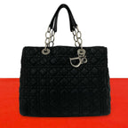 Dior Cannage Logo Charm Leather Tote Bag Black