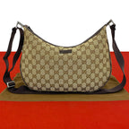 Gucci GG Pattern Logo Canvas Leather Shoulder Bag Pochette Crossbody Brown