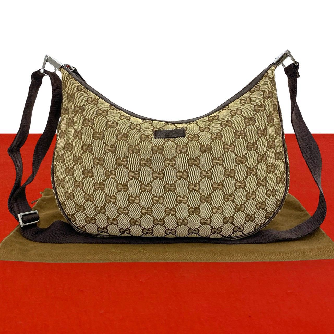 Gucci GG Pattern Logo Canvas Leather Shoulder Bag Pochette Crossbody Brown