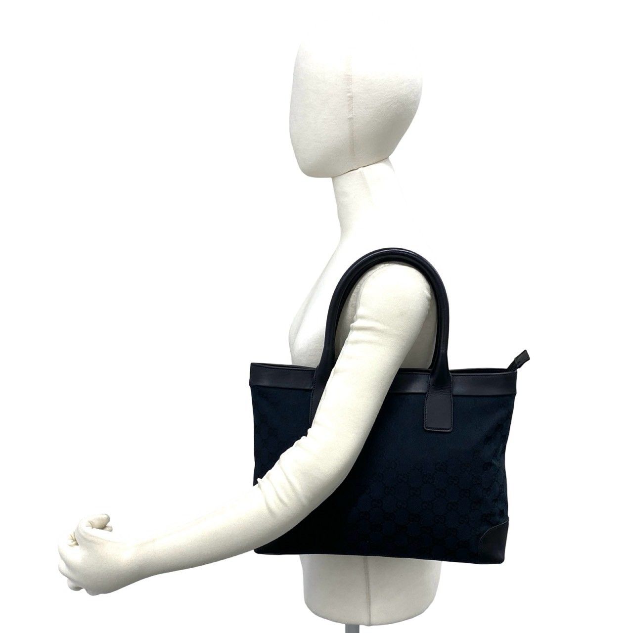 Gucci GG Pattern Logo Canvas Leather Tote Bag Business Navy Black — view 2
