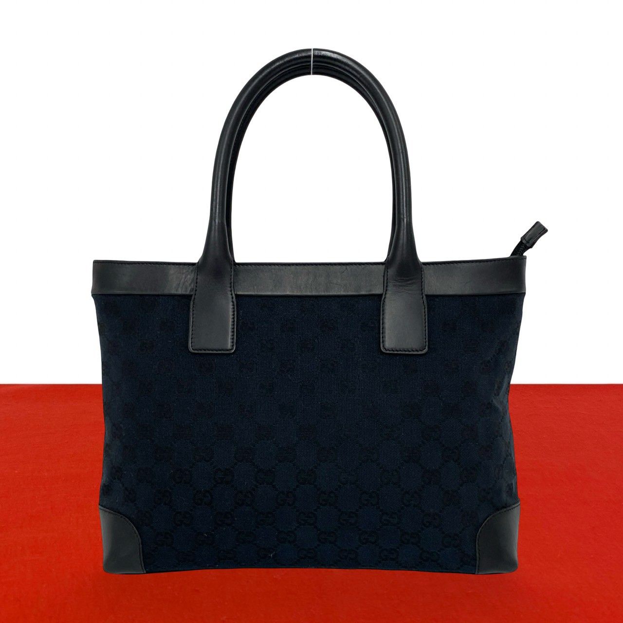 Gucci GG Pattern Logo Canvas Leather Tote Bag Business Navy Black