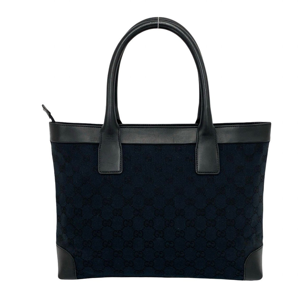 Gucci GG Pattern Logo Canvas Leather Tote Bag Business Navy Black — view 3