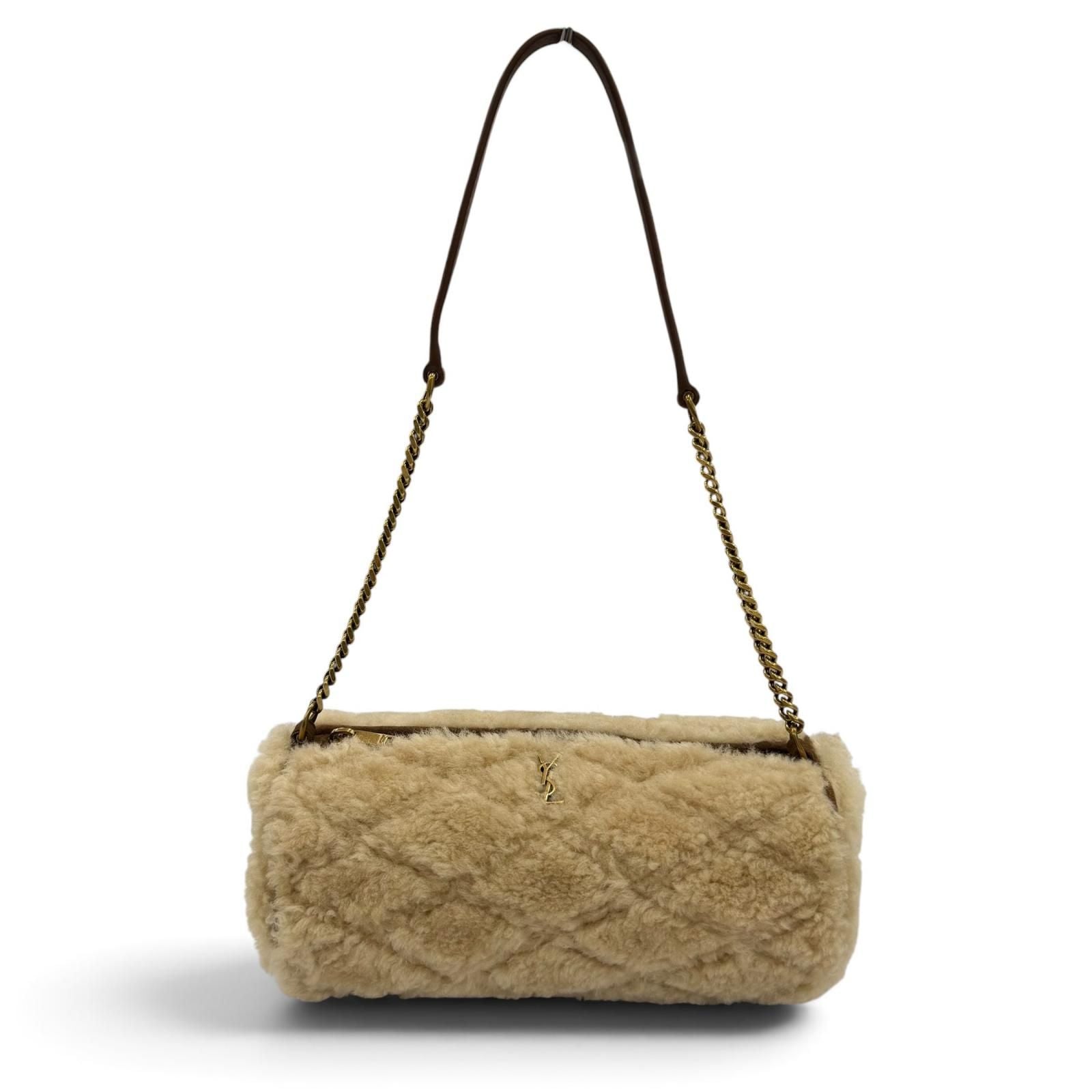 Saint Laurent Paris Sade Mini Tube Bag Shearling Chain Shoulder Handbag Beige