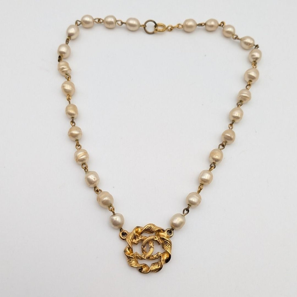 Chanel Gold Faux Pearl CC Logo Necklace Twist First Era Vintage