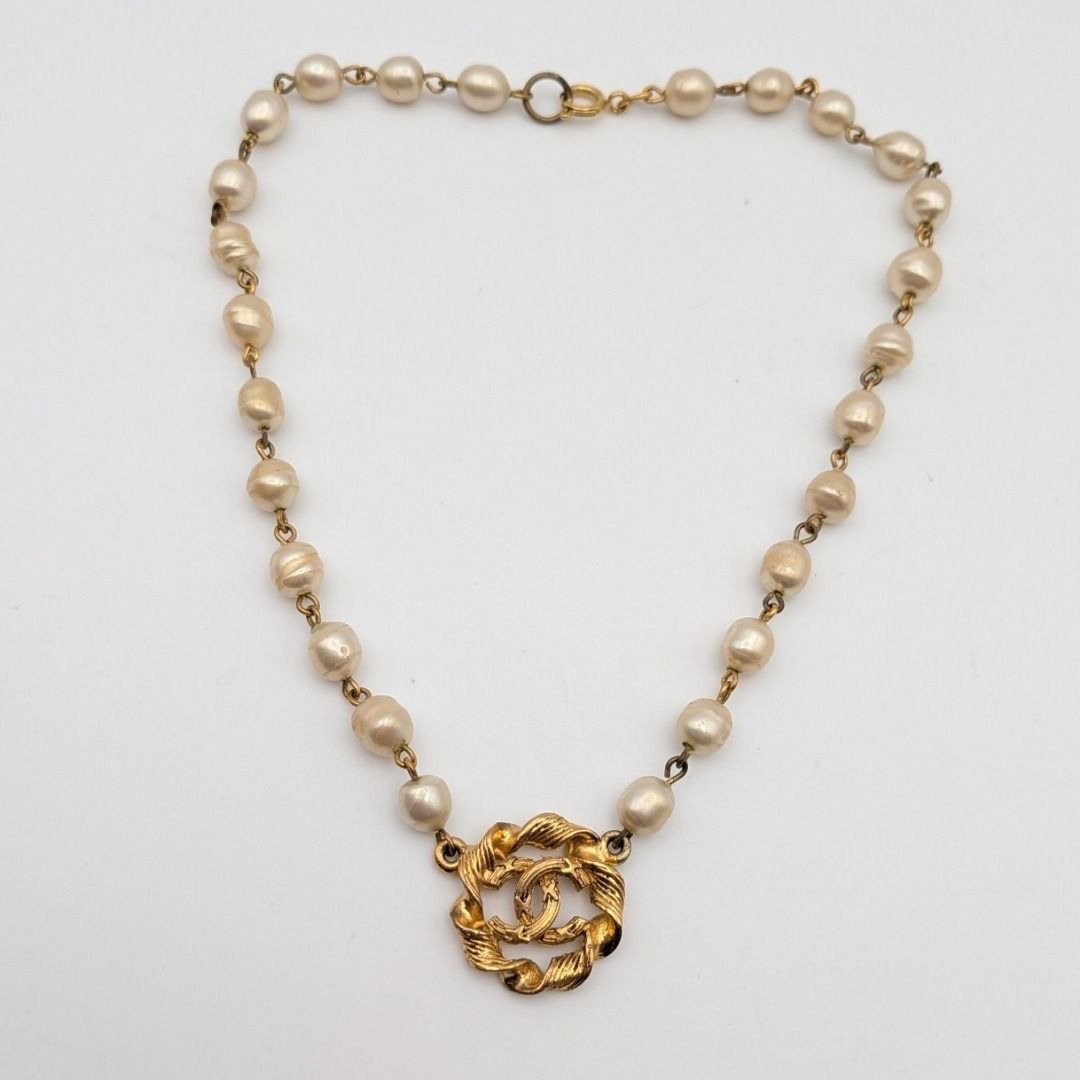 Chanel Gold Faux Pearl CC Logo Necklace Twist First Era Vintage