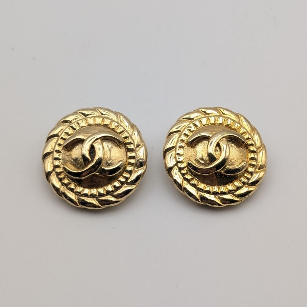 Chanel Earrings CC Logo Gold Twist Round First Era Vintage