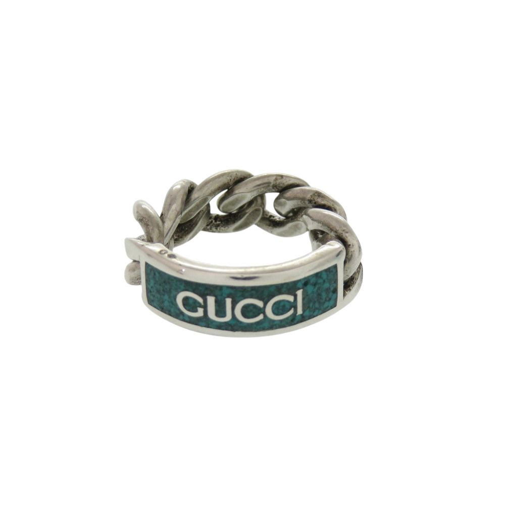 Gucci Chain Ring Logo Plate 925 Sterling Silver Green