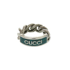 Gucci Chain Ring Logo Plate 925 Sterling Silver Green
