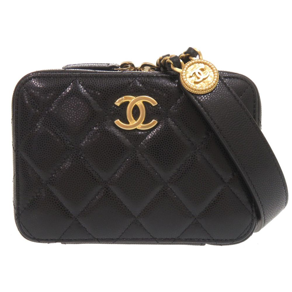 Chanel CC Logo Quilted Mini Camera Bag Caviar Leather Black Gold Chain