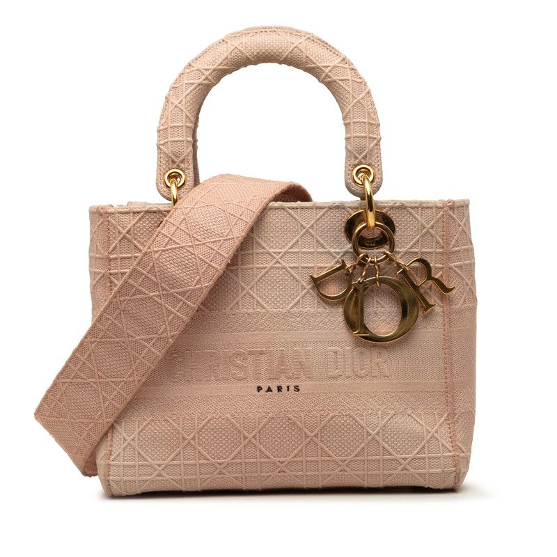 Dior Cannage Lady Dealite 2-Way Shoulder Bag Pink Canvas