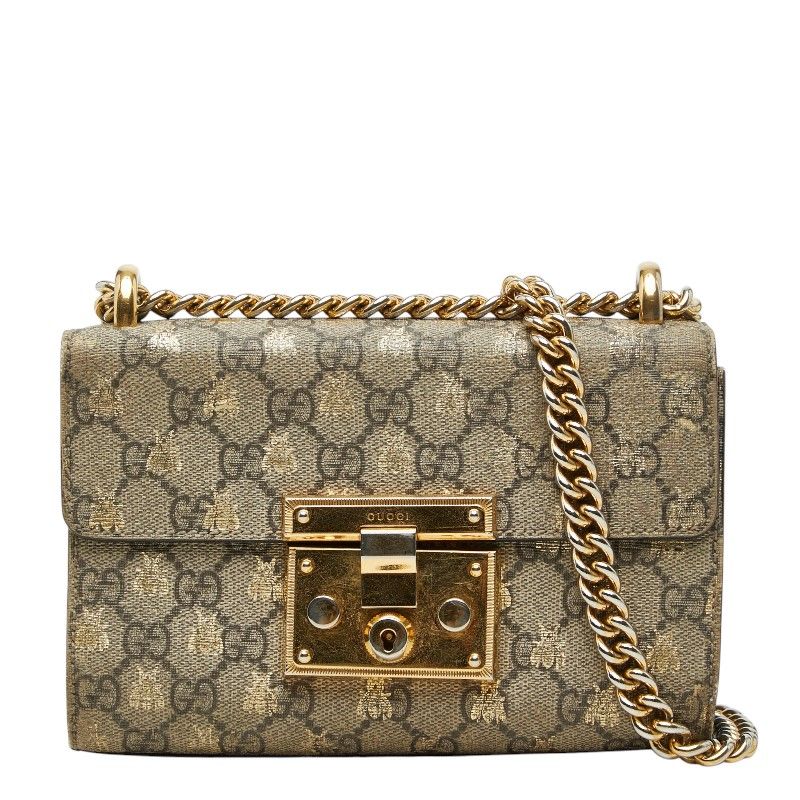 Gucci GG Supreme Padlock Chain Shoulder Bag Black Gold Leather