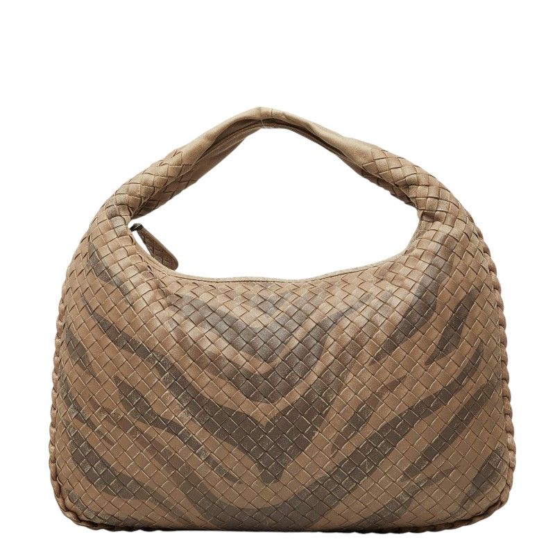 Bottega Veneta Intrecht Shoulder Bag Beige Brown Leather