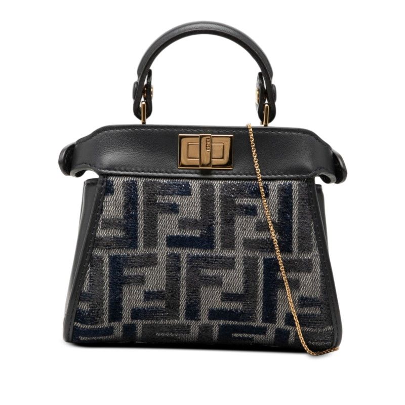 Fendi Zukka Nano Peekaboo Shoulder Bag Navy Canvas Leather