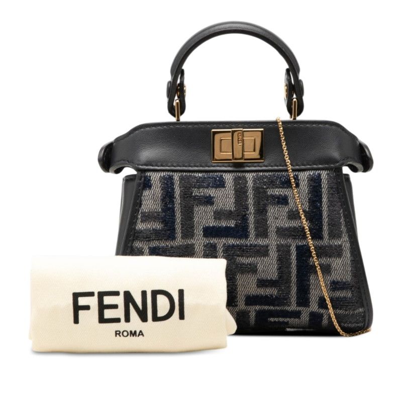 Fendi Zukka Nano Peekaboo Shoulder Bag Navy Canvas Leather — view 7