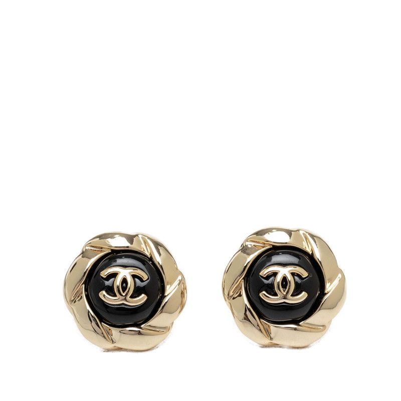 Chanel Vintage CC Logo Earrings Gold Black Plated