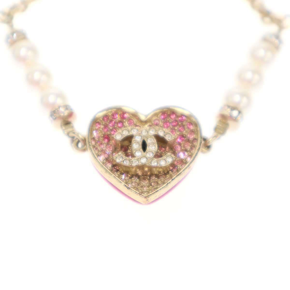 Chanel CC Logo Heart Pearl Bracelet Pink Gold — view 5