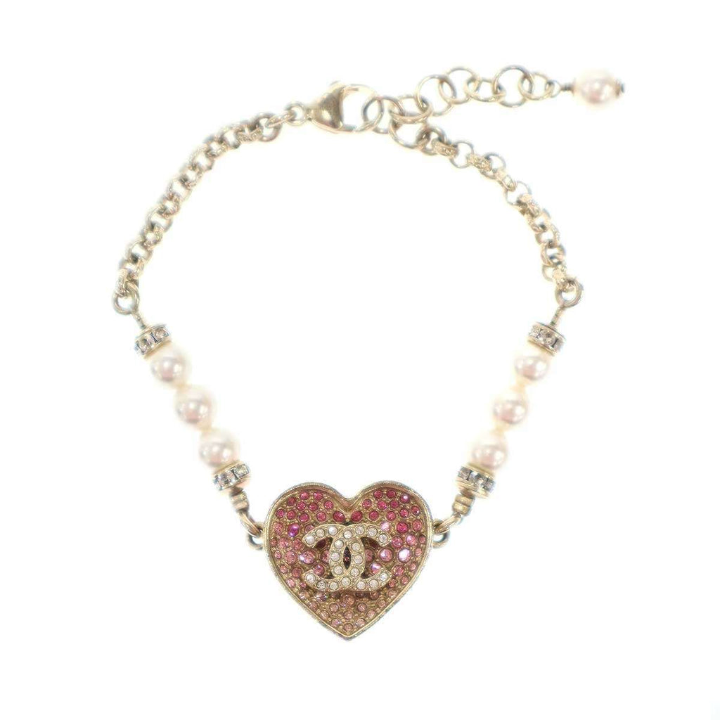 Chanel CC Logo Heart Pearl Bracelet Pink Gold — view 2