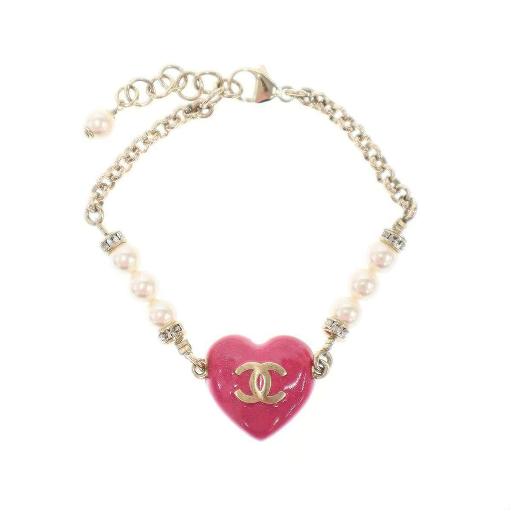 Chanel CC Logo Heart Pearl Bracelet Pink Gold