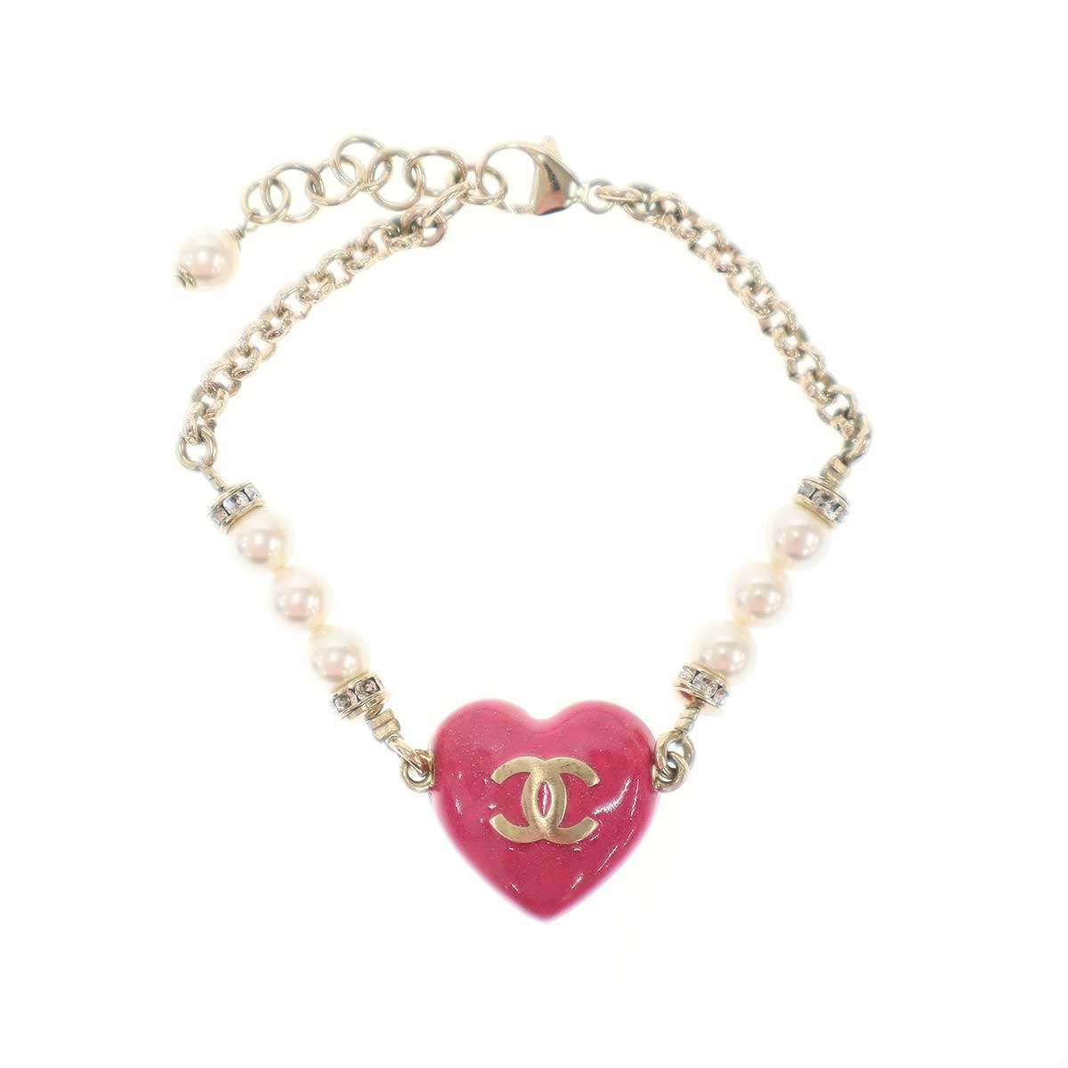 Chanel CC Logo Heart Pearl Bracelet Pink Gold