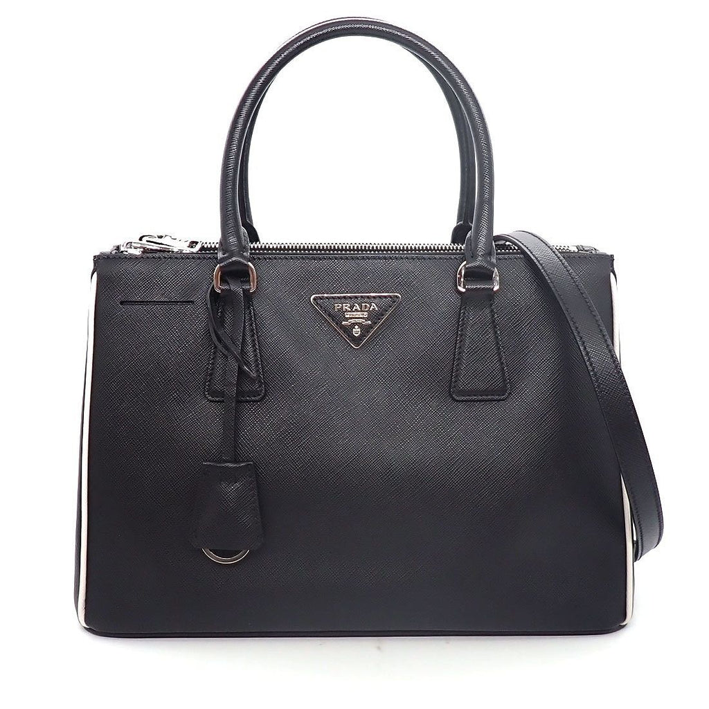 Prada Tote Shoulder Bag Galleria Nero Saffiano Leather Silver