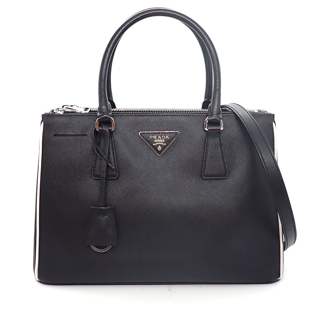 Prada Tote Shoulder Bag Galleria Nero Saffiano Leather Silver