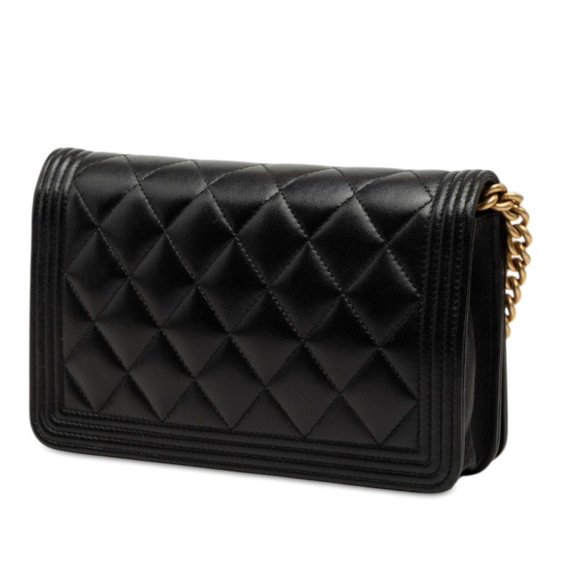 Chanel CC Logo Boy Chain Wallet Shoulder Bag Black Lambskin — view 2