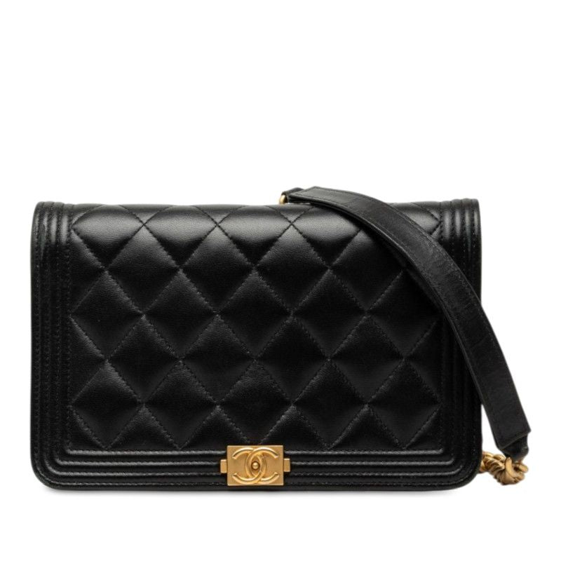 Chanel CC Logo Boy Chain Wallet Shoulder Bag Black Lambskin