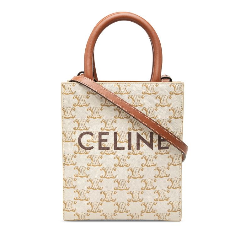 Celine Triomphe Mini Vertical Cabas 2-Way Shoulder Bag White Brown Leather