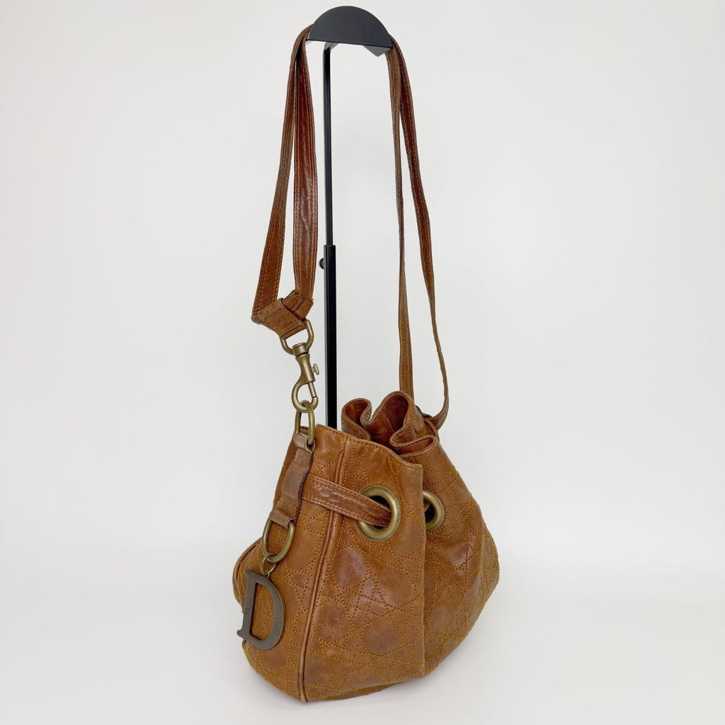Dior Cannage Drawstring D Charm Shoulder Bag Leather Brown Gold Vintage — view 2