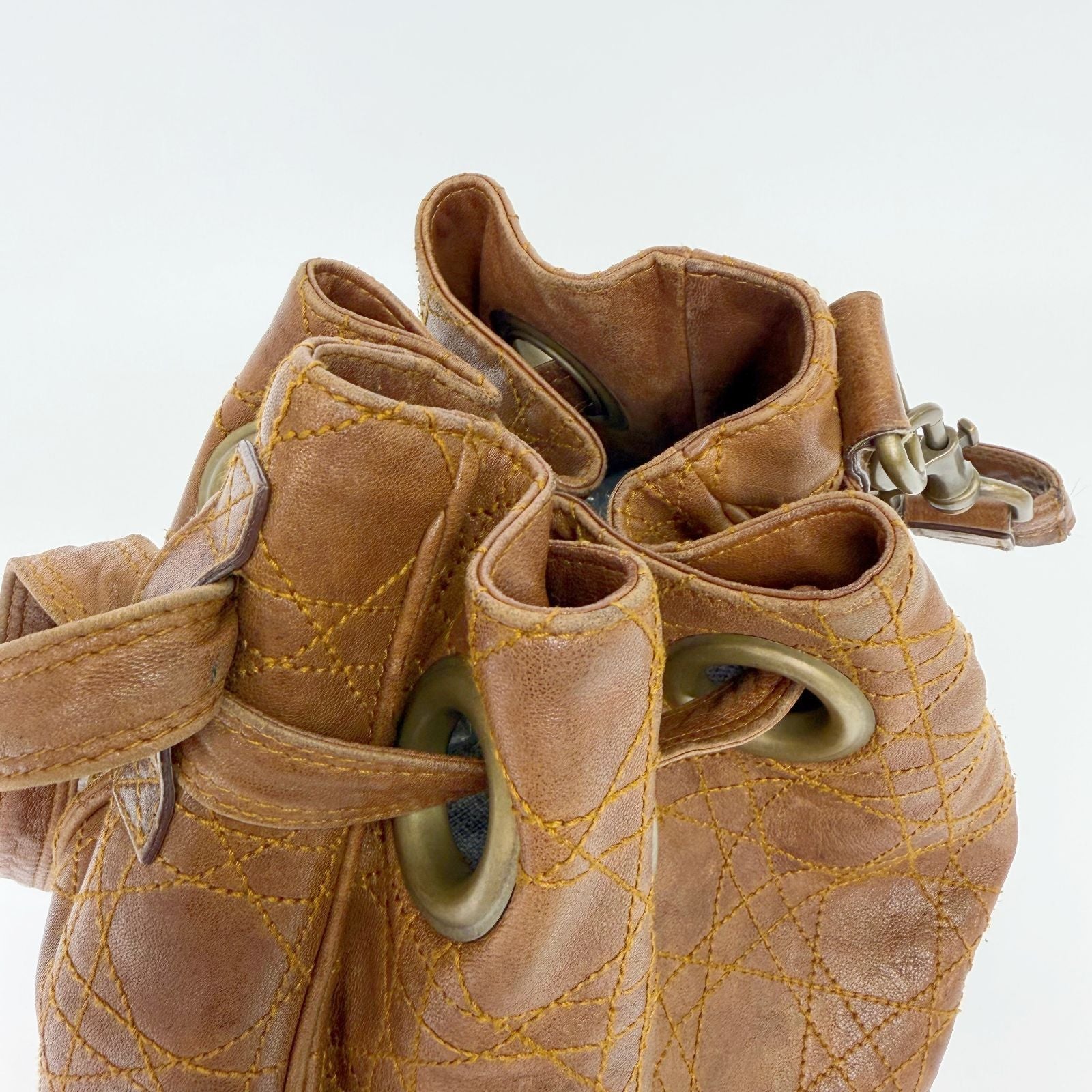 Dior Cannage Drawstring D Charm Shoulder Bag Leather Brown Gold Vintage — view 7