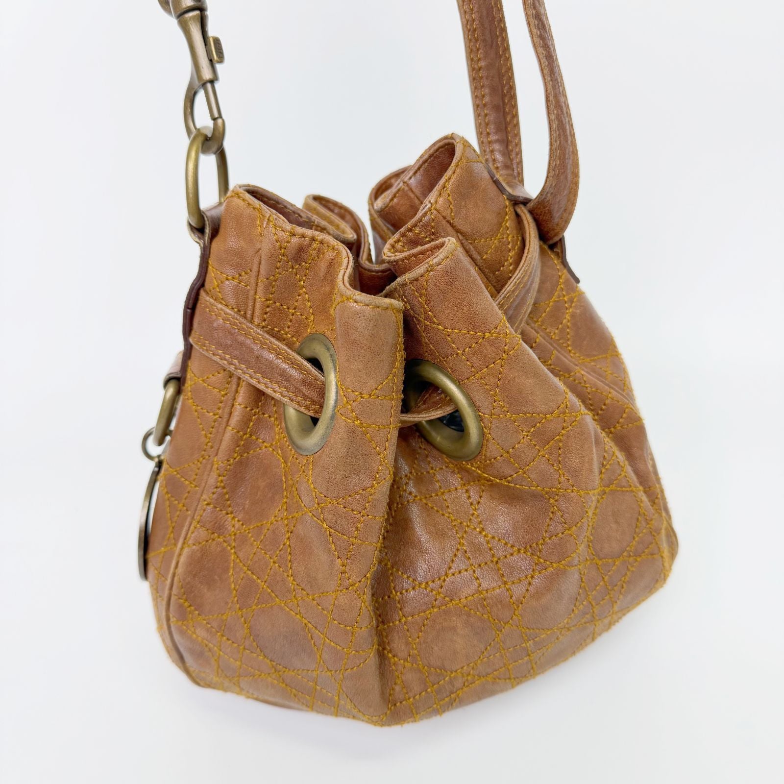 Dior Cannage Drawstring D Charm Shoulder Bag Leather Brown Gold Vintage — view 3