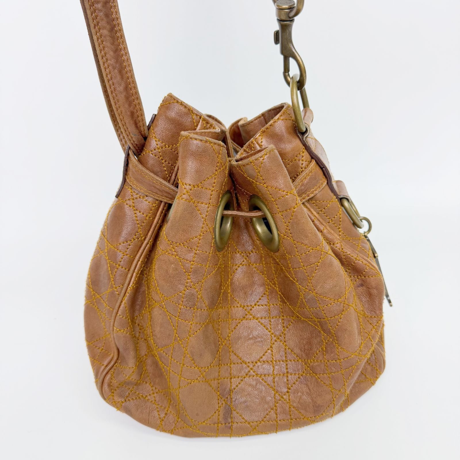 Dior Cannage Drawstring D Charm Shoulder Bag Leather Brown Gold Vintage — view 5