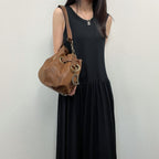 Dior Cannage Drawstring D Charm Shoulder Bag Leather Brown Gold Vintage