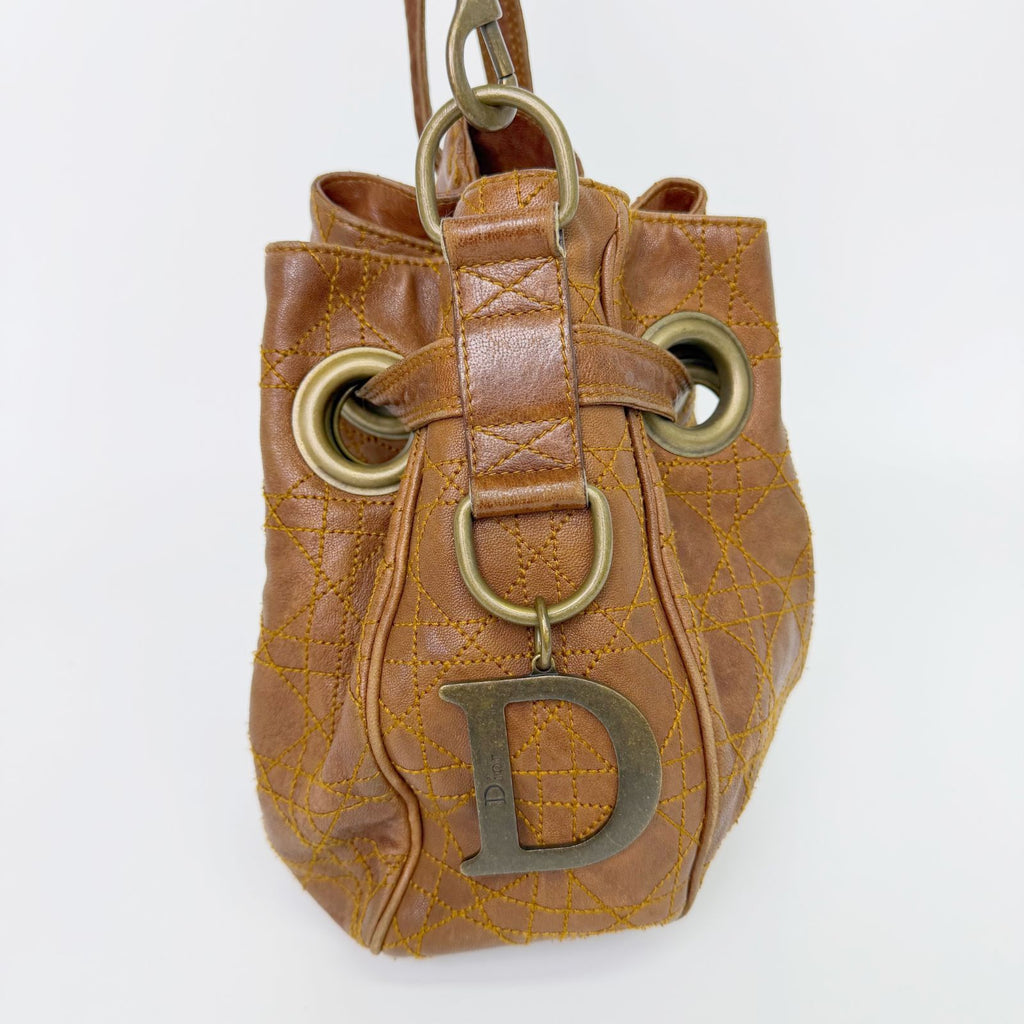 Dior Cannage Drawstring D Charm Shoulder Bag Leather Brown Gold Vintage — view 4