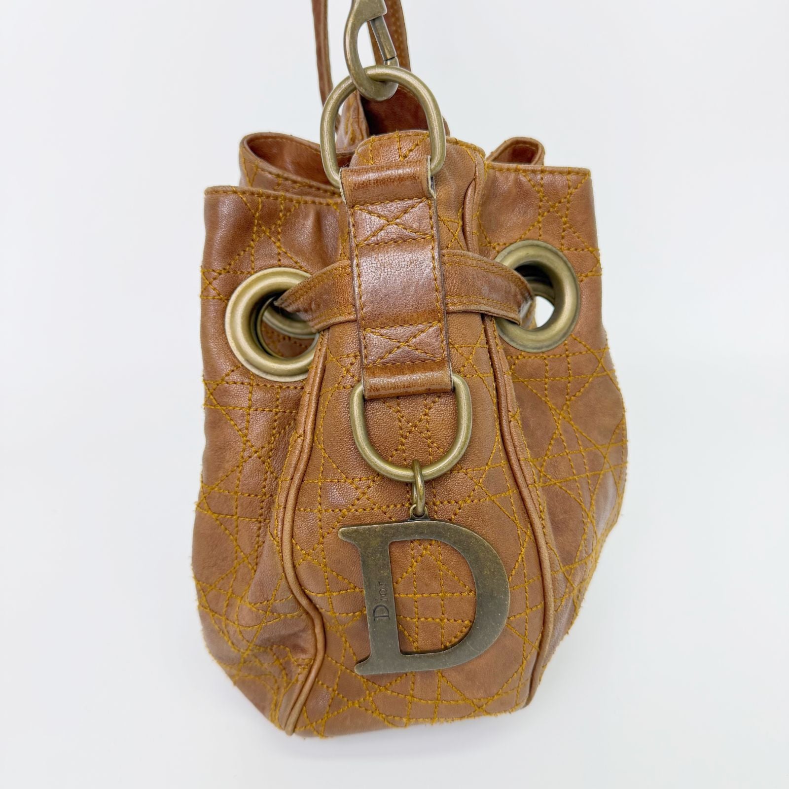 Dior Cannage Drawstring D Charm Shoulder Bag Leather Brown Gold Vintage — view 4