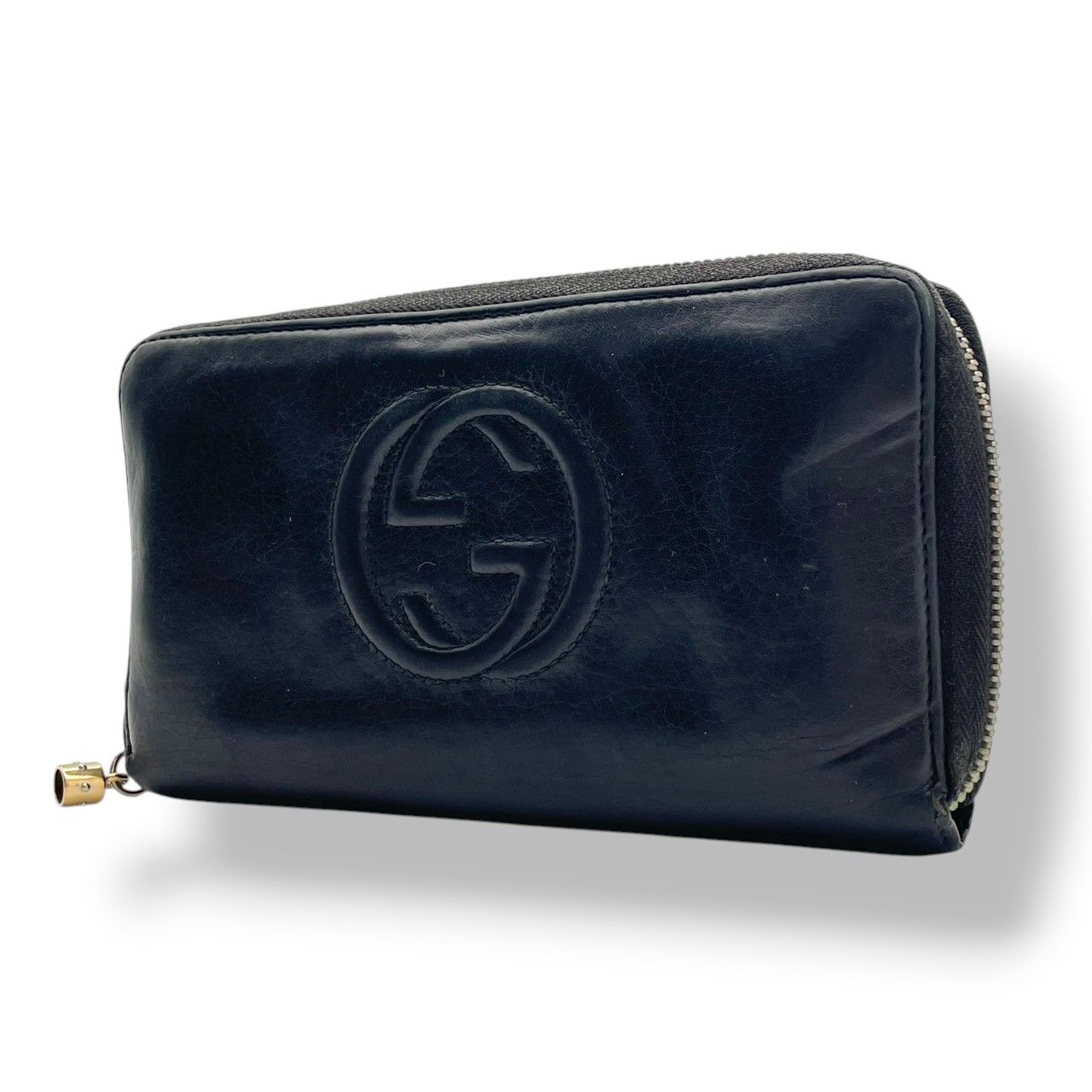 Gucci Soho Zip Around Wallet Billfold Coin Purse Leather Black Gold GG Logo