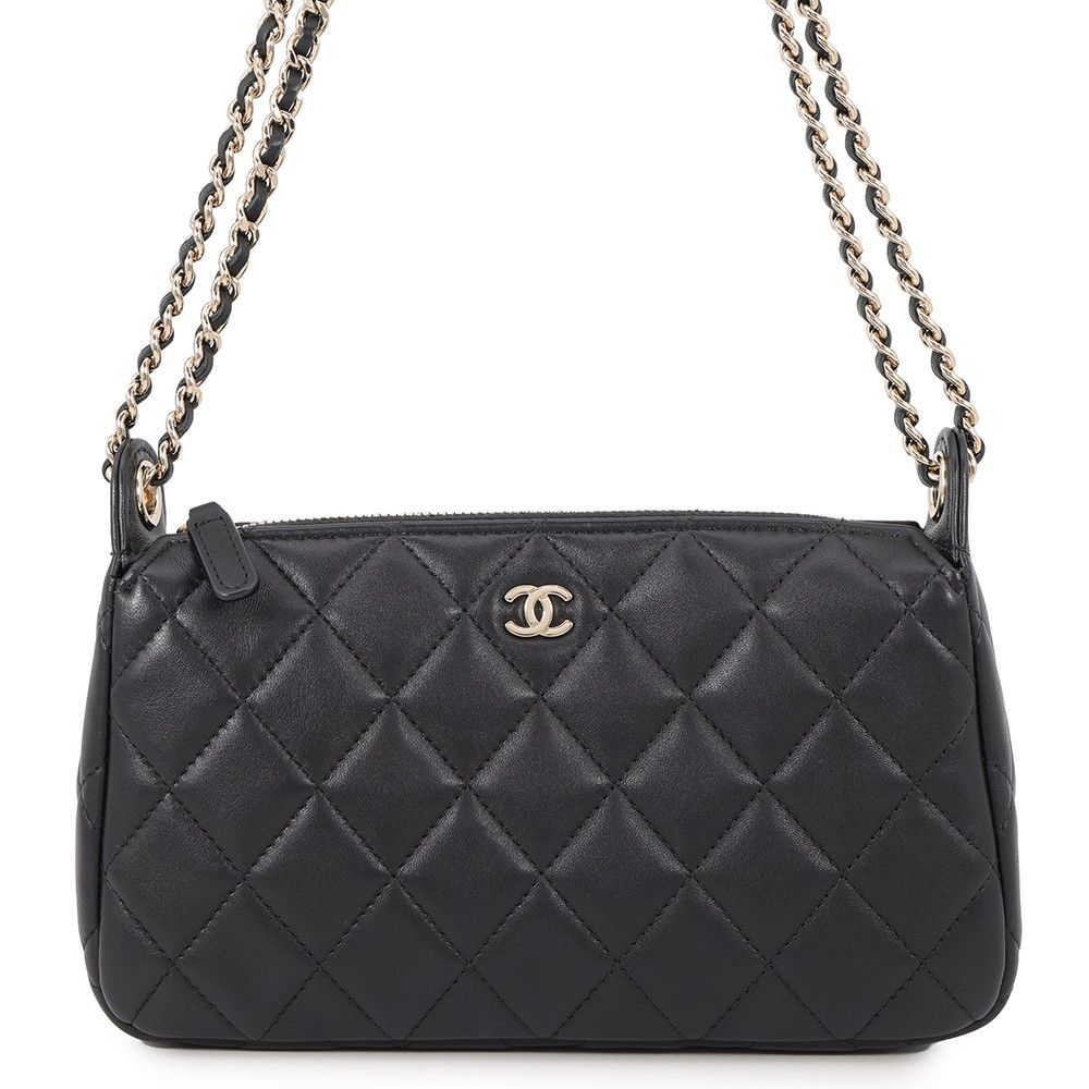 Chanel Chain Shoulder Bag Quilted CC Logo Clutch Caviar Leather 2-Way Black