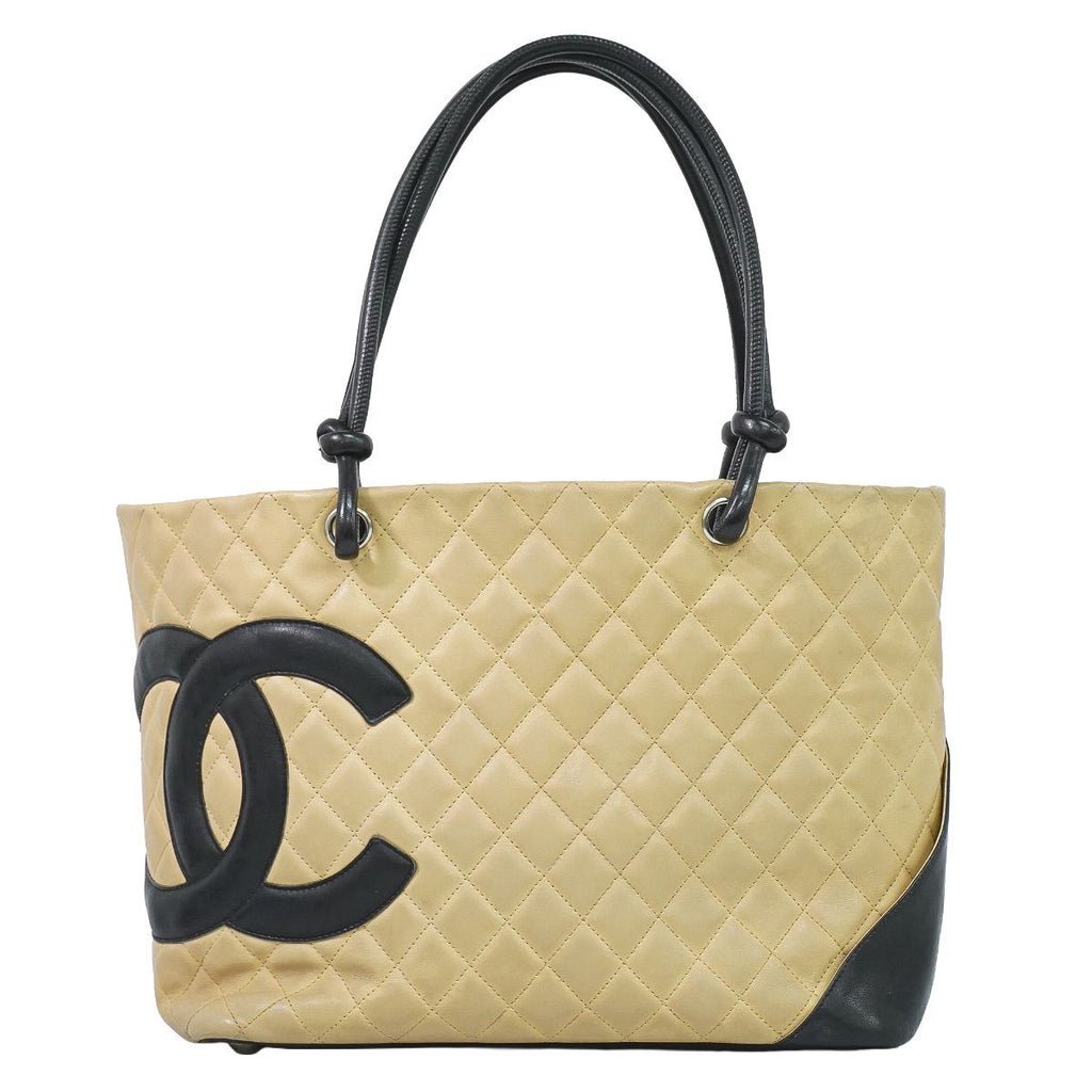 Chanel CC Logo Cambon Line Shoulder Bag Tote Leather Beige Vintage