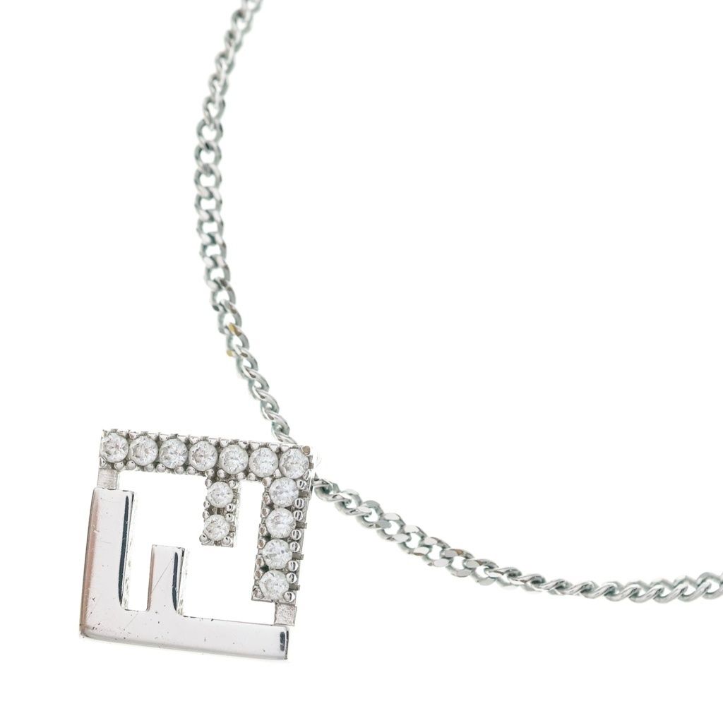 Fendi Forever FF Logo Rhinestone Chain Necklace Silver