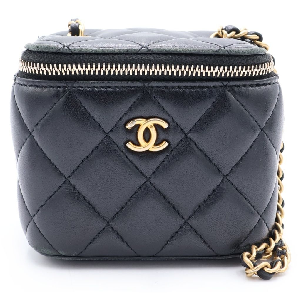 Chanel CC Logo Quilted Lambskin Gold Mini Vanity Chain Shoulder Bag Black