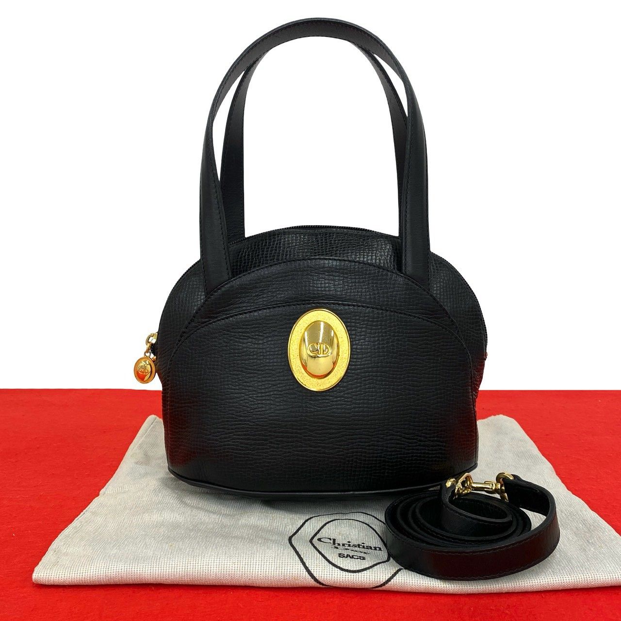 Dior Vintage CD Logo Leather 2-Way Shoulder Bag Black