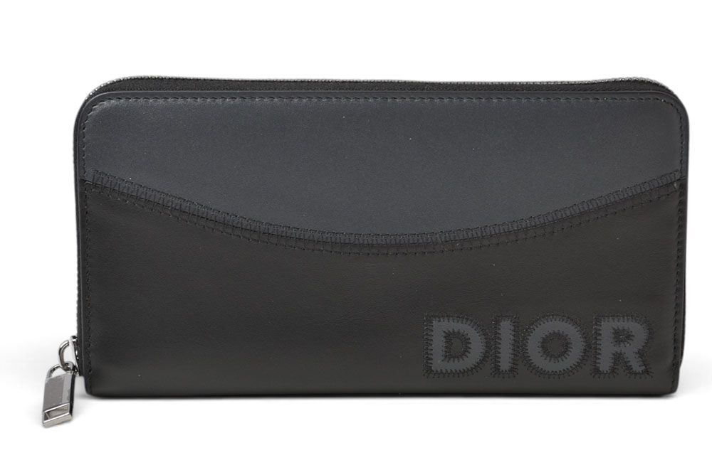 Dior Homme Wallet Zip Around Leather Logo Embroidery Black Round