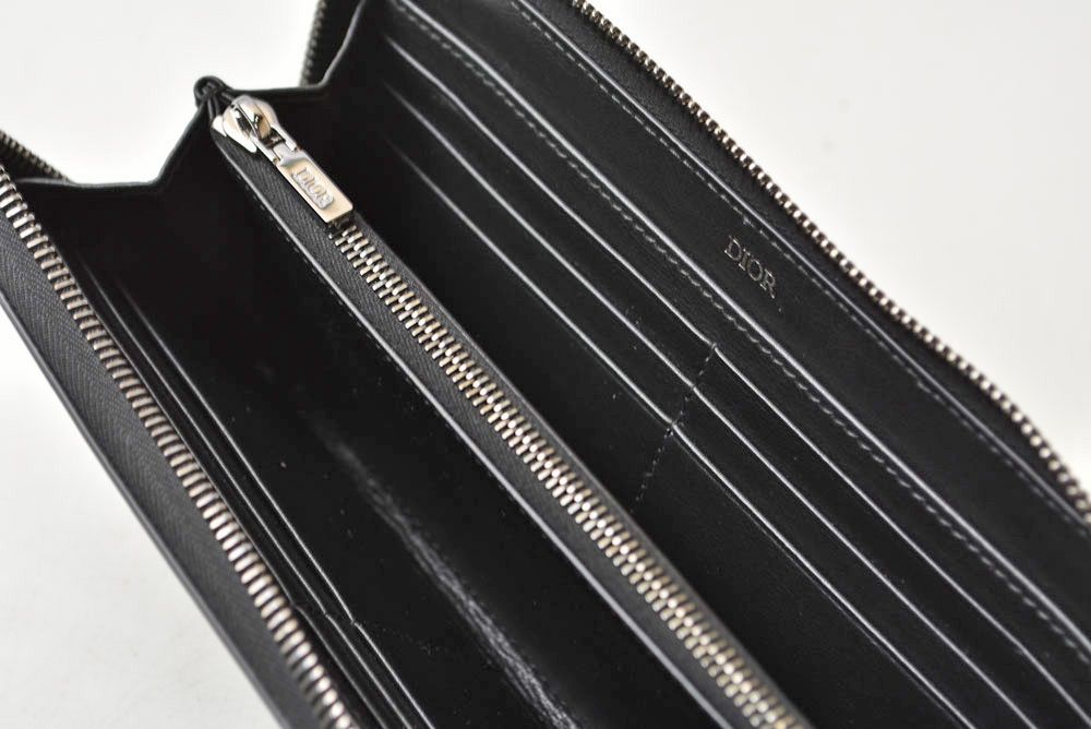 Dior Homme Wallet Zip Around Leather Logo Embroidery Black Round — view 6