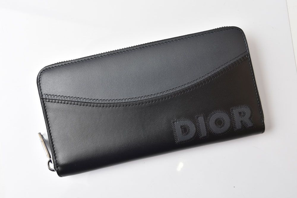 Dior Homme Wallet Zip Around Leather Logo Embroidery Black Round — view 2