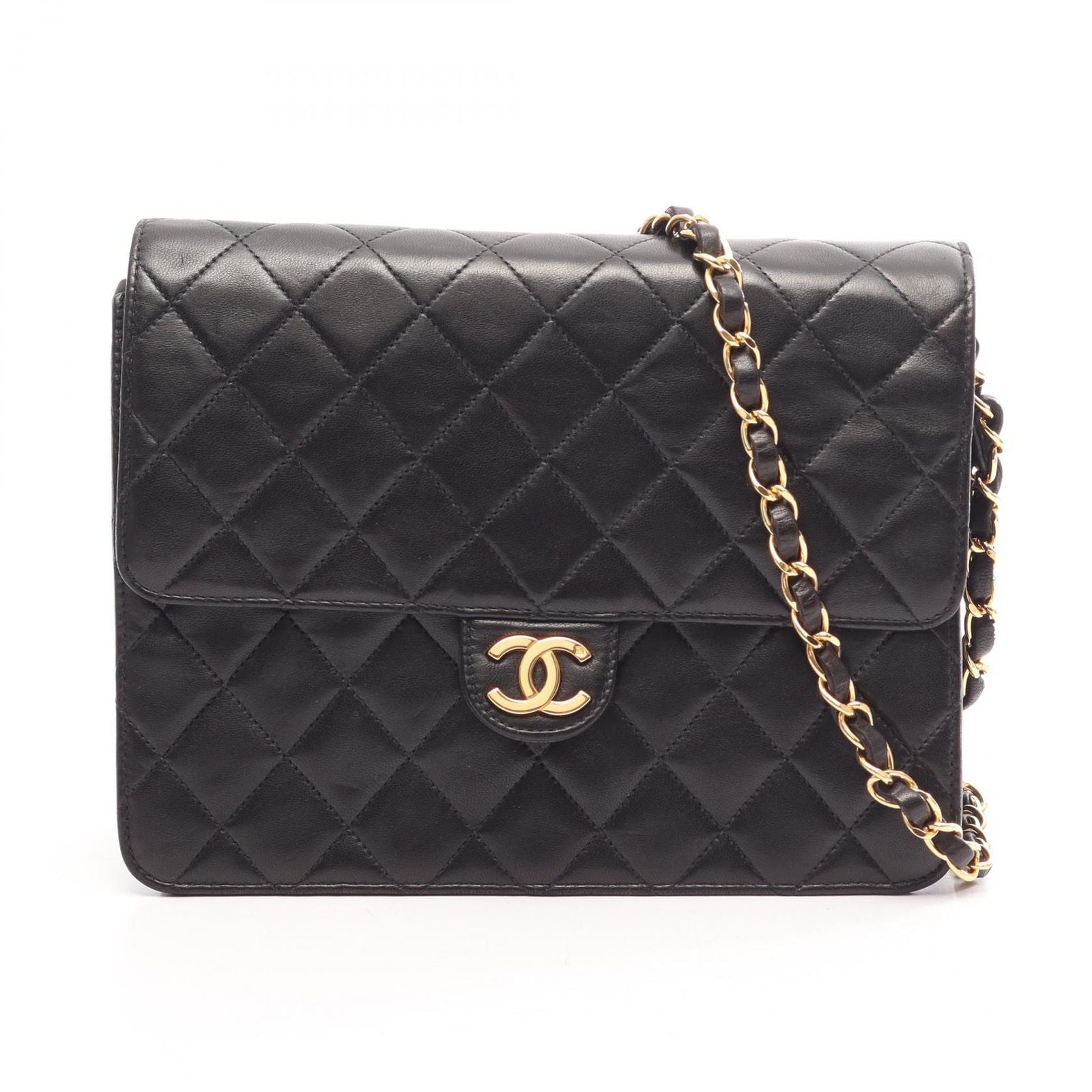 Chanel Shoulder Bag Quilted Single Flap Push Lock Black Lambskin Chain